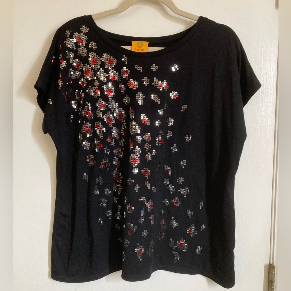 *Ruby Rd. Black with Sequin Embellishment Short Sleeve Shirt Top #O